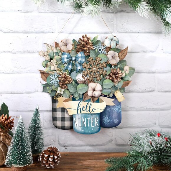 Welcome Winter Door Decoration Hello Winter Wooden Sign Wall Snowflake Hanger Pl - Picture 6 of 6